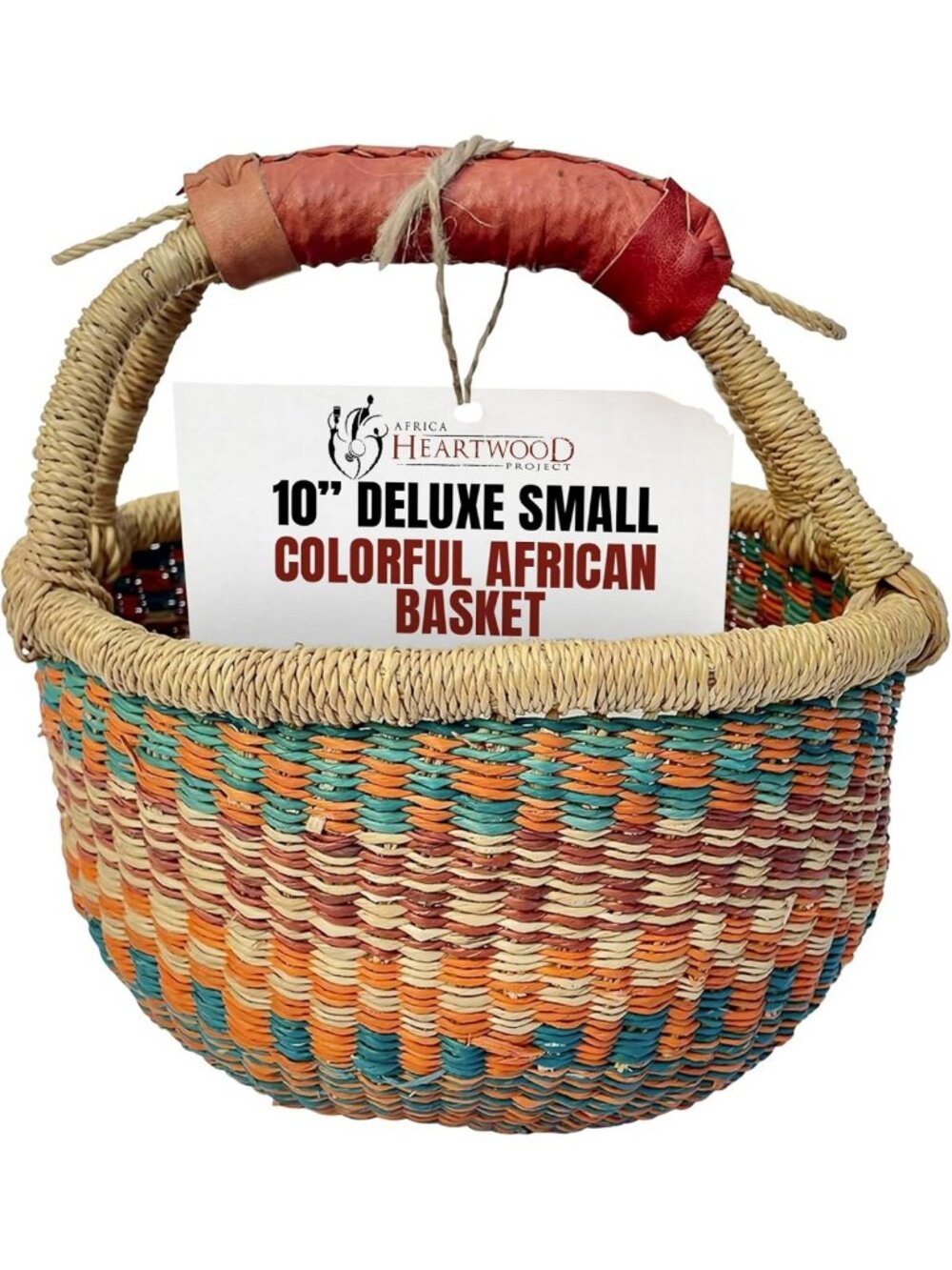 Colorful Handmade African Basket with Leather Handles - Small 10" Round